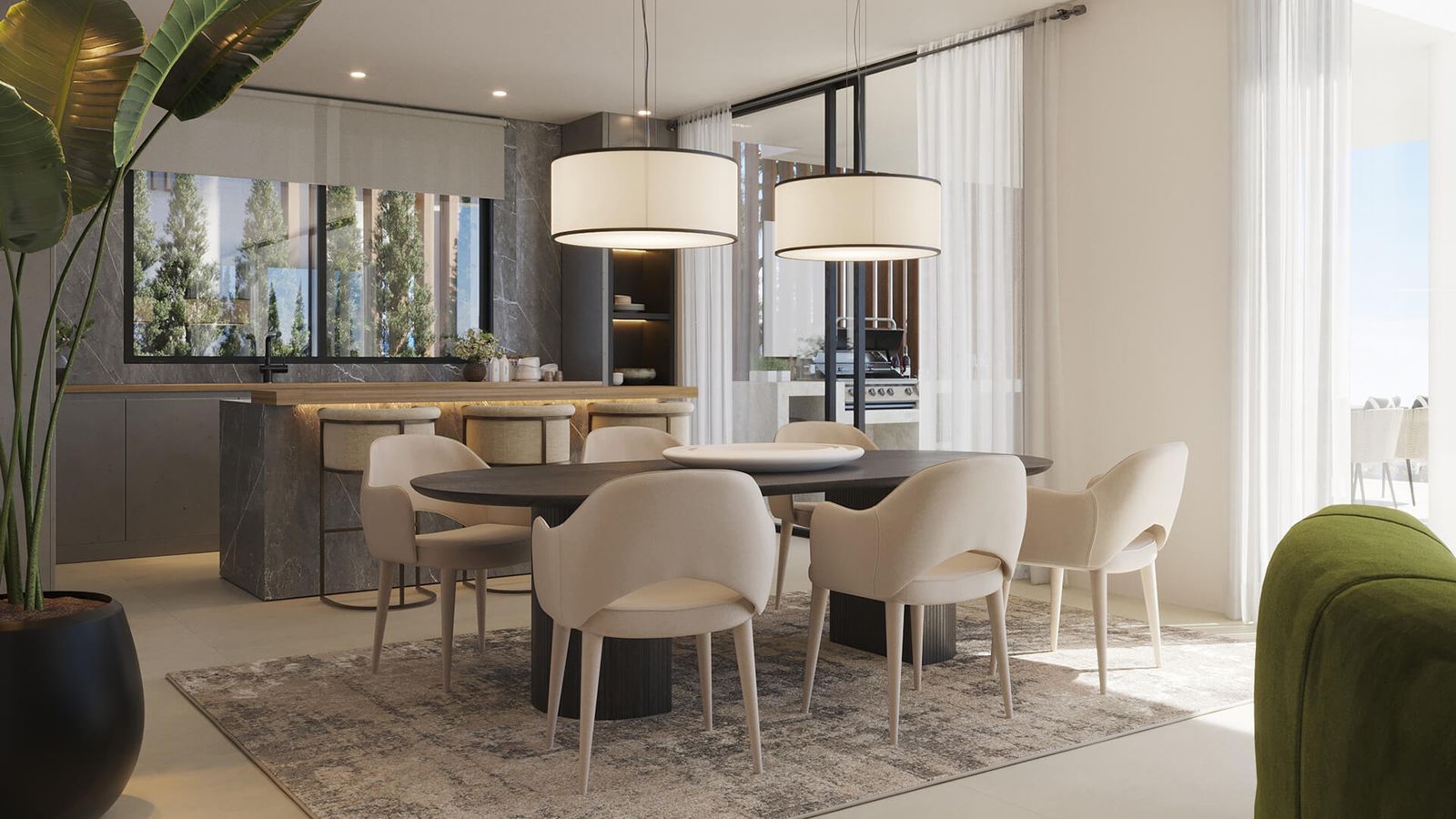 Moderne eetkamer met ronde tafel en beige stoelen in Ocyan Villas.